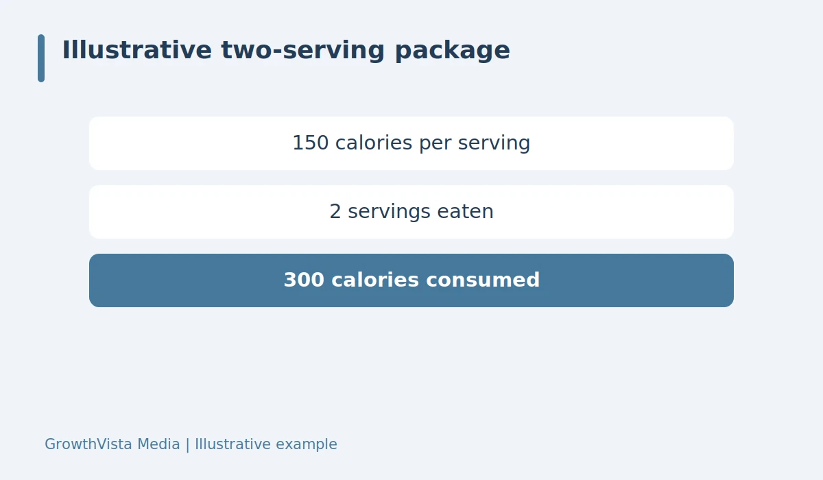 Illustrative two-serving package: 150 calories per serving → 2 servings eaten → 300 calories consumed