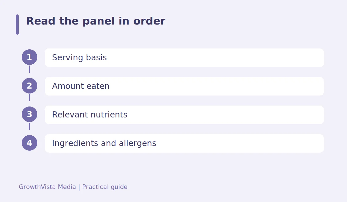 Read the panel in order: Serving basis → Amount eaten → Relevant nutrients → Ingredients and allergens