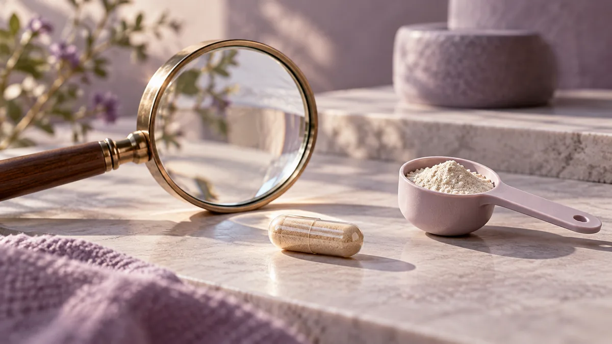 3D editorial still life of magnifier, single capsule and unmarked measuring scoop, pale mauve