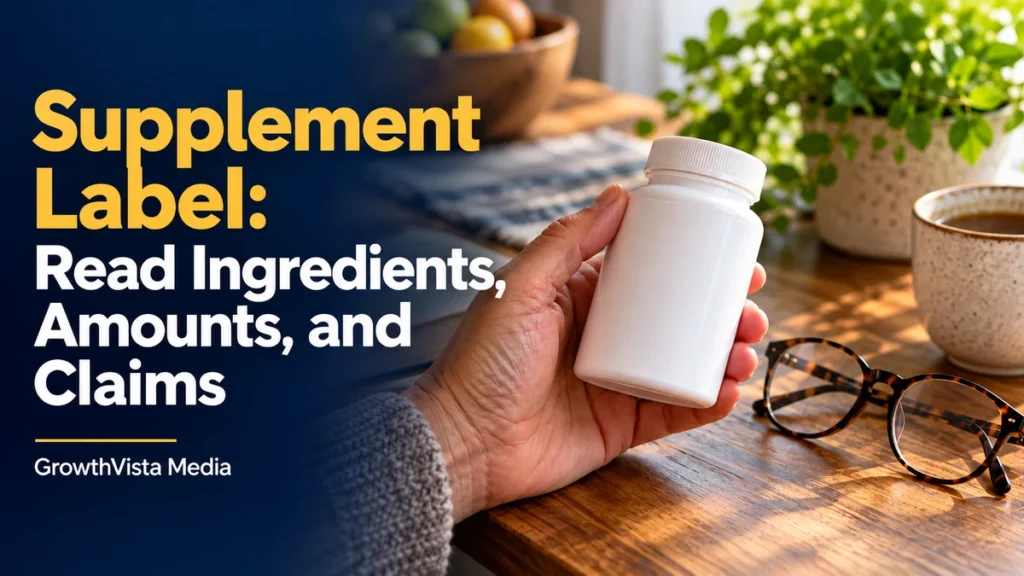 Supplement Label: Read Ingredients, Amounts, and Claims: title over an editorial scene