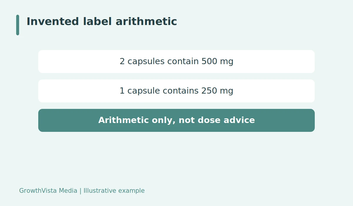 Invented label arithmetic: 2 capsules contain 500 mg → 1 capsule contains 250 mg → Arithmetic only, not dose advice