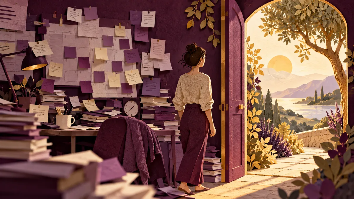 Editorial cut-paper illustration of crowded work calendar and an open doorway to rest, plum and gold