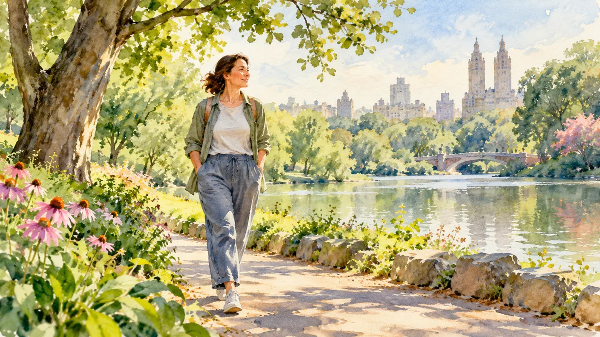 Loose watercolor illustration of ordinary adult moving through a park, warm inviting no muscular ideal