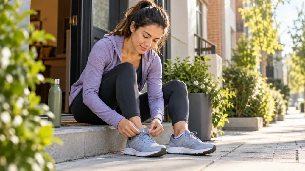 fitness routine: Outdoor candid photo of beginner tying walking shoes near apartment doorway, morning light
