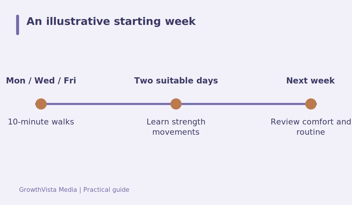 An illustrative starting week: Mon / Wed / Fri: 10-minute walks; Two suitable days: Learn strength movements; Next week: Review comfort and routine
