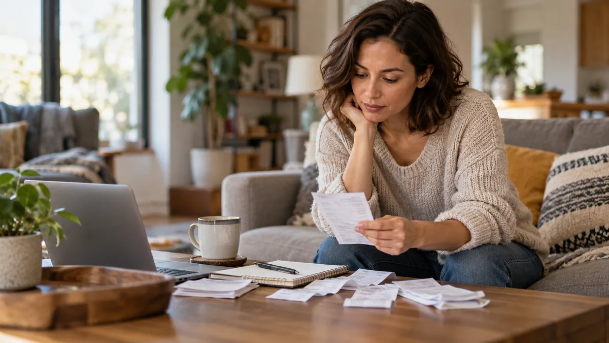 Candid photo of adult taking a moment to review purchases at a coffee table, no branded apps