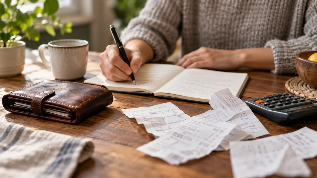 track spending: Photographic close-up of modest wallet, receipts and handwritten spending log without readable text