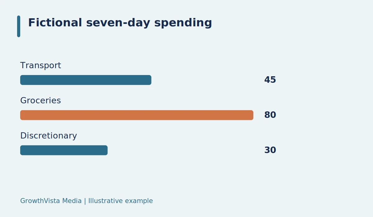 Fictional seven-day spending: Transport: 45; Groceries: 80; Discretionary: 30