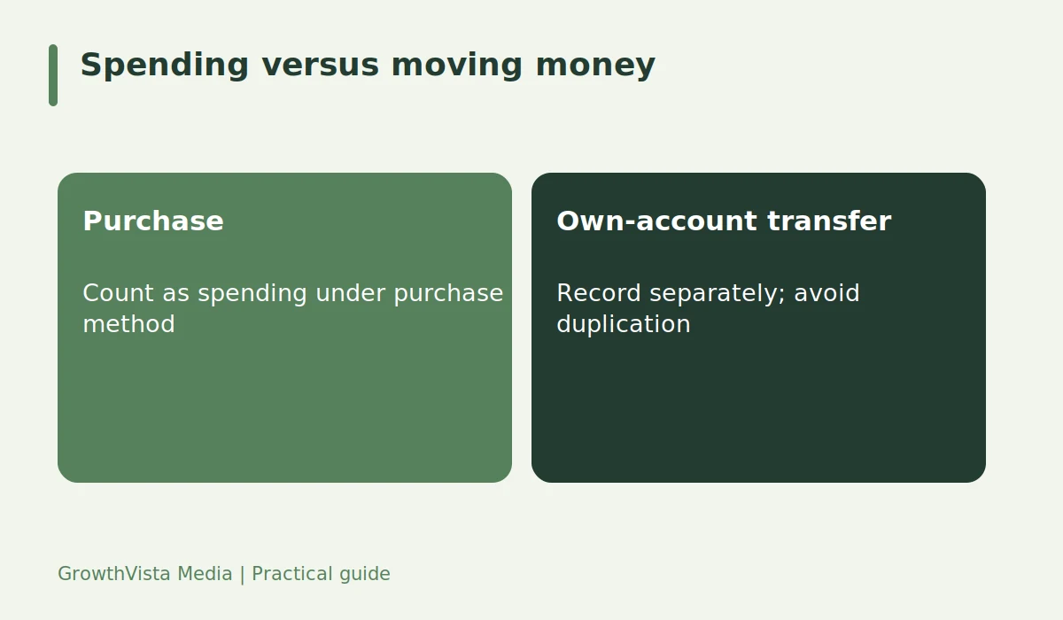 Spending versus moving money: Purchase: Count as spending under purchase method; Own-account transfer: Record separately; avoid duplication