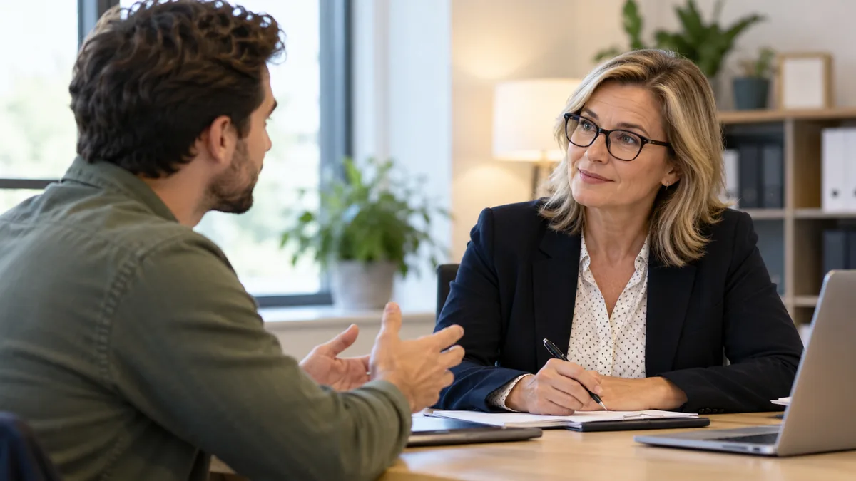 Close-up workplace portrait of employee asking benefits coordinator a question, unbranded office