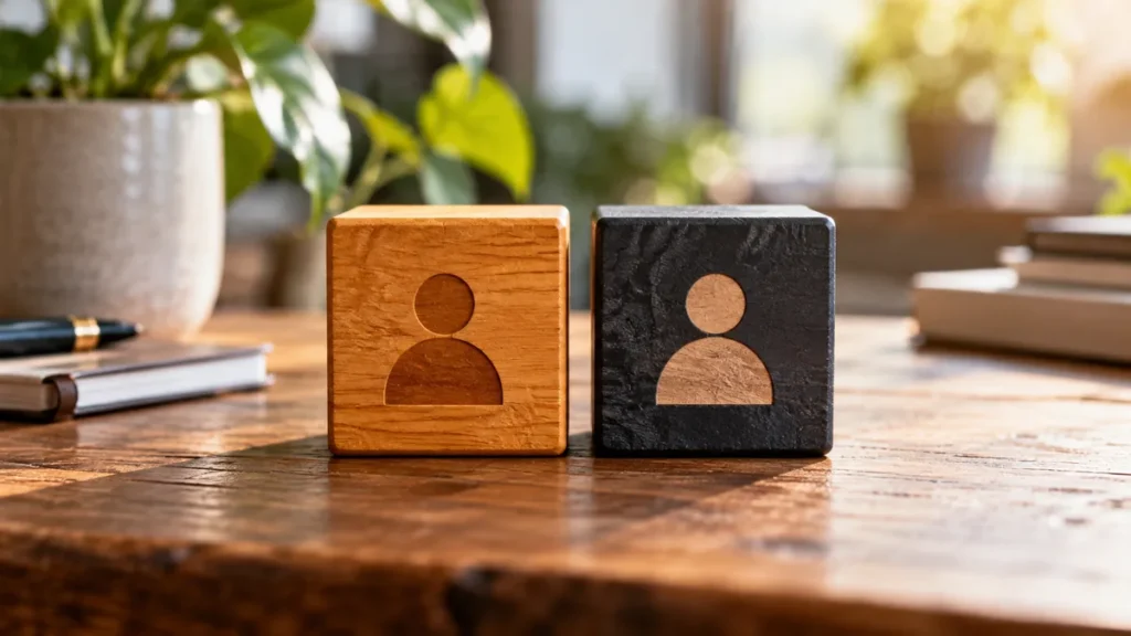 401(k) match: Macro editorial still life of paired wooden blocks representing an employee and employer contribution, amber and charcoal