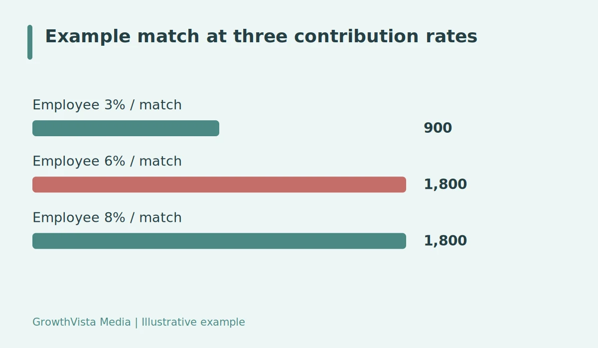 Example match at three contribution rates: Employee 3% / match: 900; Employee 6% / match: 1800; Employee 8% / match: 1800