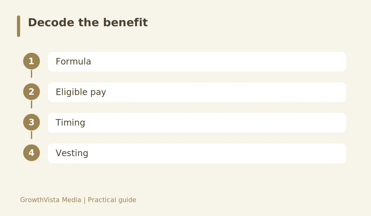 Decode the benefit: Formula → Eligible pay → Timing → Vesting
