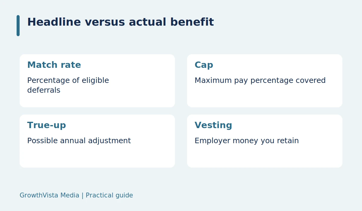 Headline versus actual benefit: Match rate: Percentage of eligible deferrals; Cap: Maximum pay percentage covered; True-up: Possible annual adjustment; Vesting: Employer money you retain