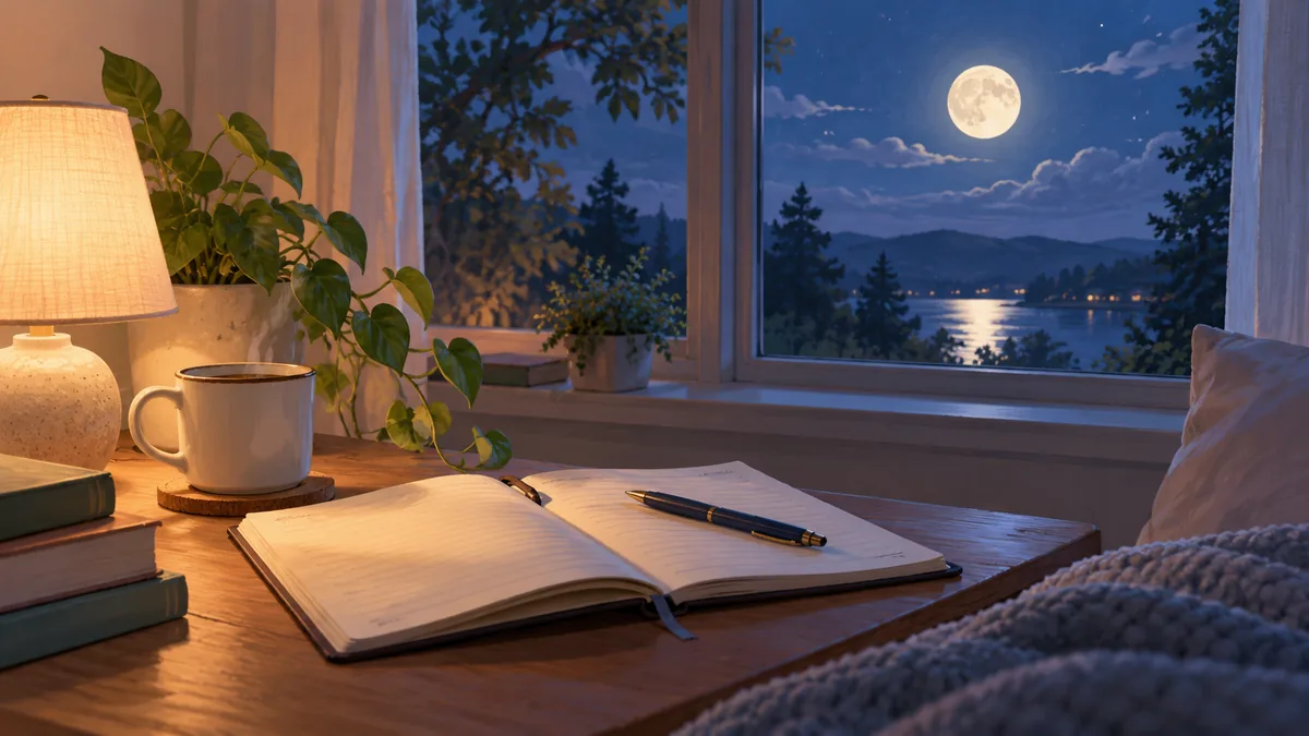 Soft pastel illustration of a sleep diary and moon reflected in a window, no scores or diagnostic charts