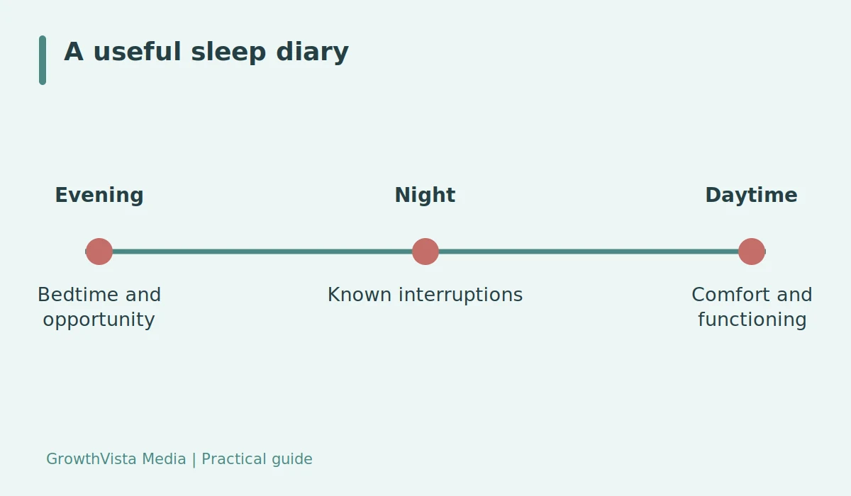 A useful sleep diary: Evening: Bedtime and opportunity; Night: Known interruptions; Daytime: Comfort and functioning