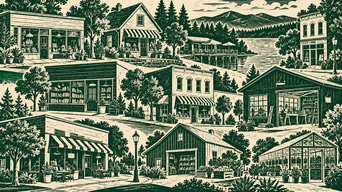 Linocut illustration of many different small company buildings forming a mosaic, forest and cream