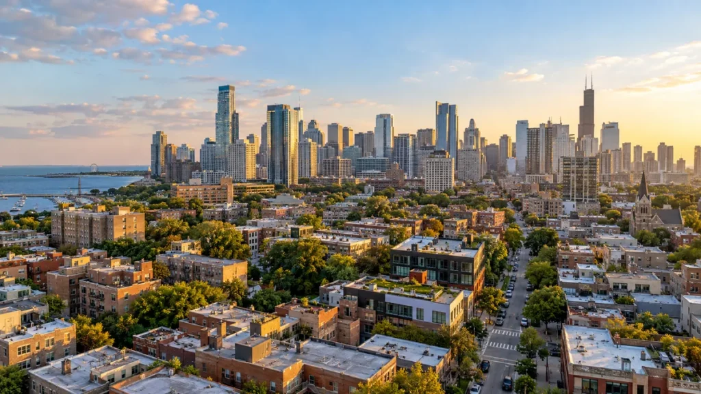 index funds: Photographic aerial view of a diverse city neighborhood, visual metaphor for broad market exposure