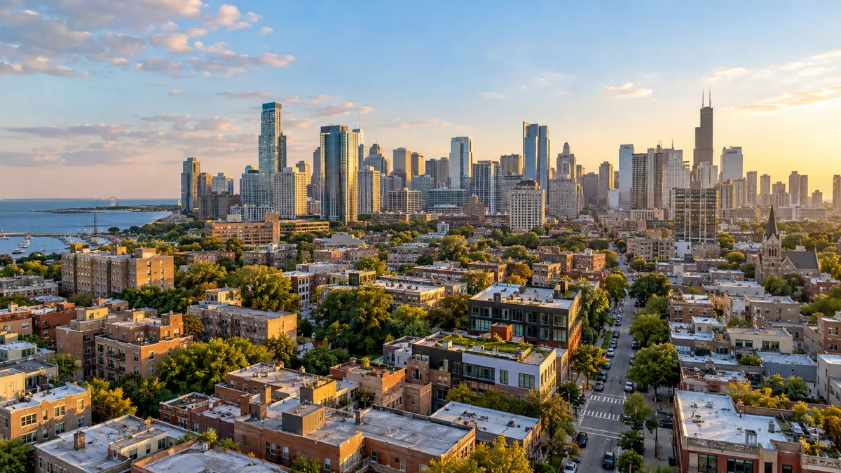 index funds: Photographic aerial view of a diverse city neighborhood, visual metaphor for broad market exposure