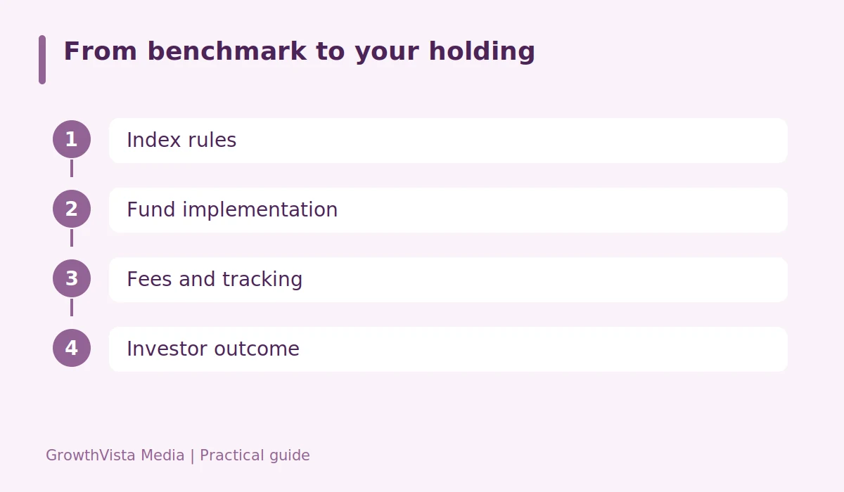 From benchmark to your holding: Index rules → Fund implementation → Fees and tracking → Investor outcome