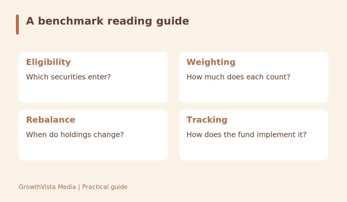 A benchmark reading guide: Eligibility: Which securities enter?; Weighting: How much does each count?; Rebalance: When do holdings change?; Tracking: How does the fund implement it?