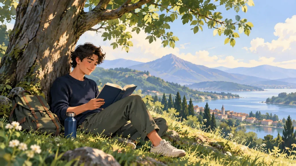 investing for beginners: Friendly hand-painted editorial illustration of novice reading an investing book under a tree, navy and mint