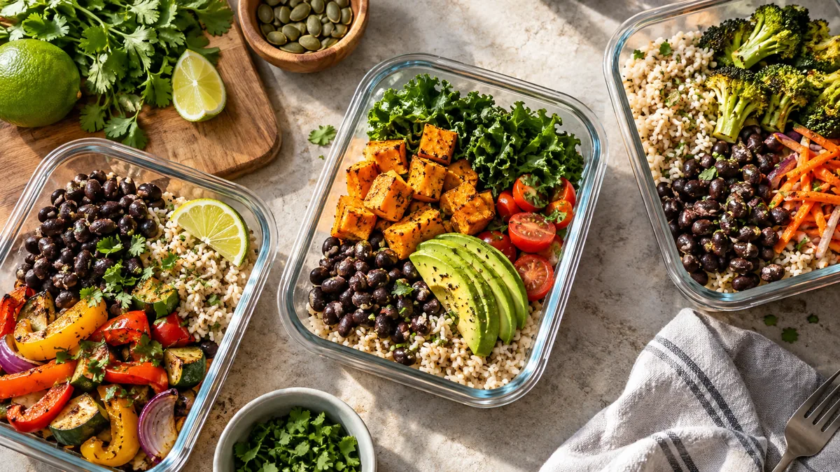 Overhead photograph of reusable containers with rice vegetables and beans, natural colorful light