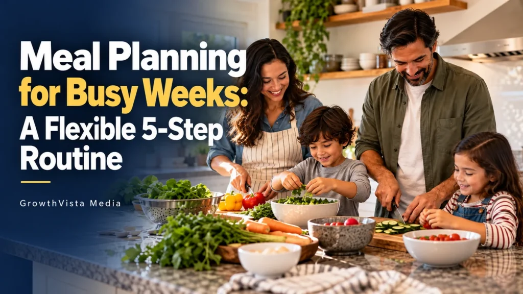 Meal Planning for Busy Weeks: A Flexible 5-Step Routine: title over an editorial scene