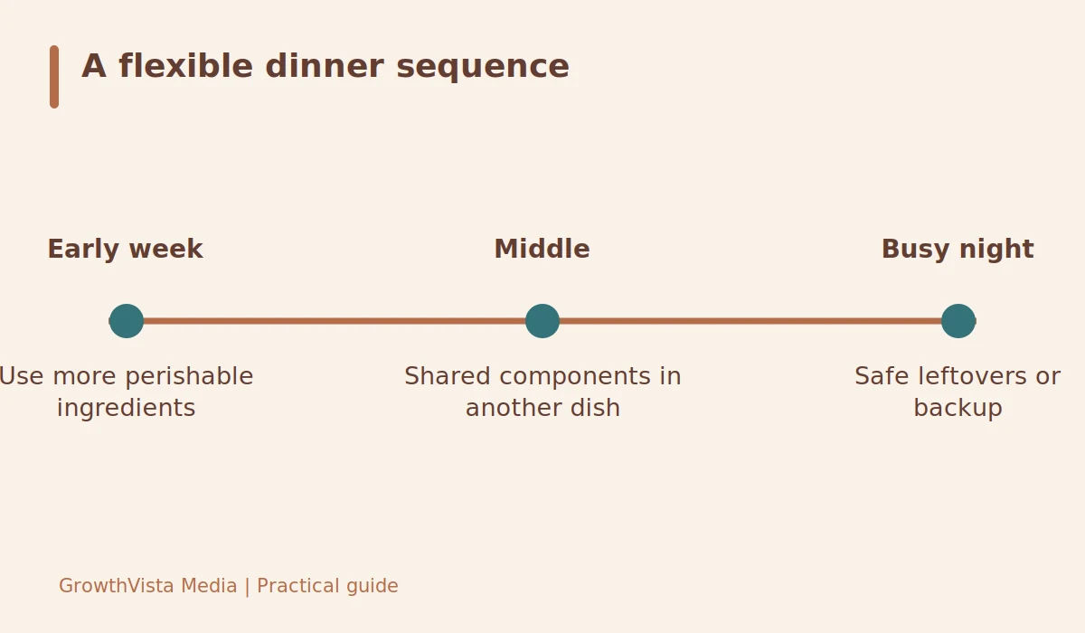 A flexible dinner sequence: Early week: Use more perishable ingredients; Middle: Shared components in another dish; Busy night: Safe leftovers or backup