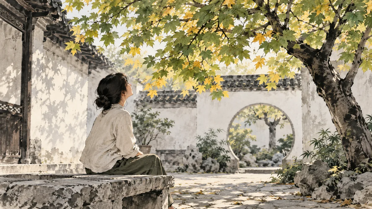 Minimal ink-and-wash illustration of person noticing tree leaves in a quiet courtyard