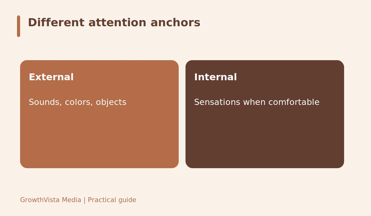 Different attention anchors: External: Sounds, colors, objects; Internal: Sensations when comfortable