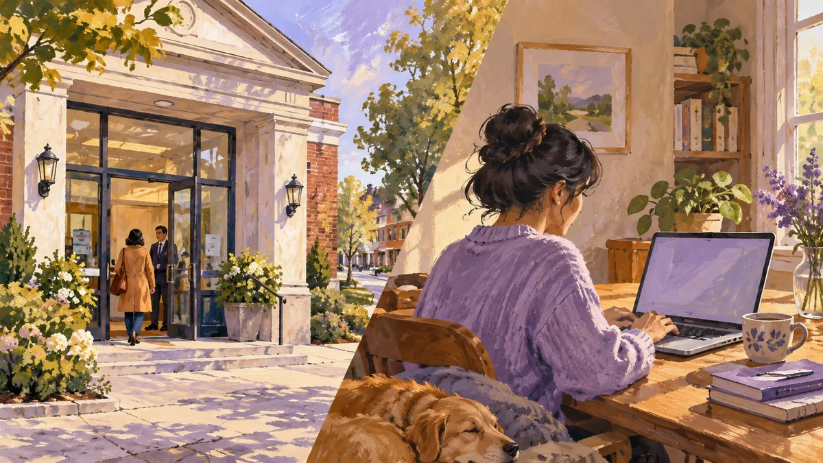 Gouache illustration contrasting neighborhood branch and a home laptop, lavender and ochre