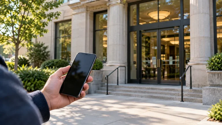 online banks vs traditional banks: Architectural editorial photo of a modest bank entrance with no signs and smartphone held foreground