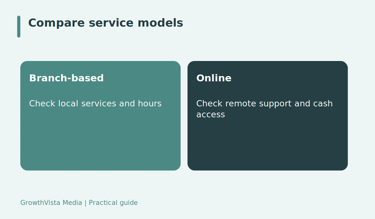 Compare service models: Branch-based: Check local services and hours; Online: Check remote support and cash access