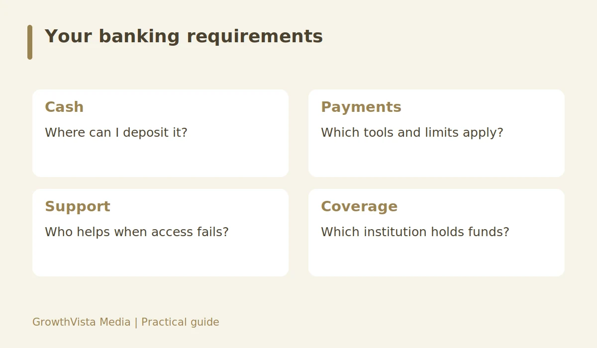 Your banking requirements: Cash: Where can I deposit it?; Payments: Which tools and limits apply?; Support: Who helps when access fails?; Coverage: Which institution holds funds?