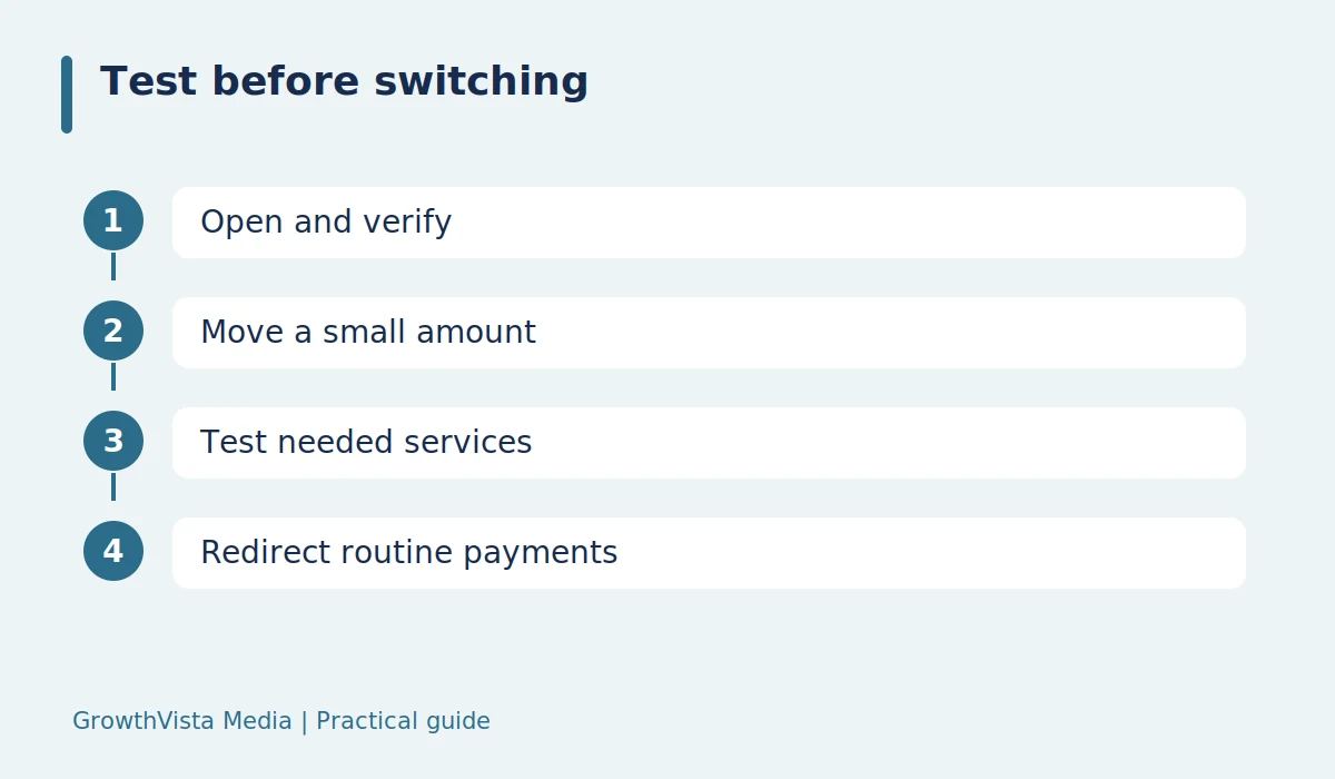 Test before switching: Open and verify → Move a small amount → Test needed services → Redirect routine payments