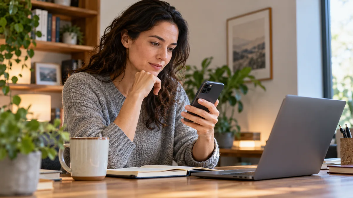 Photo of adult reviewing phone permissions at a desk, screen indistinct, natural thoughtful pose