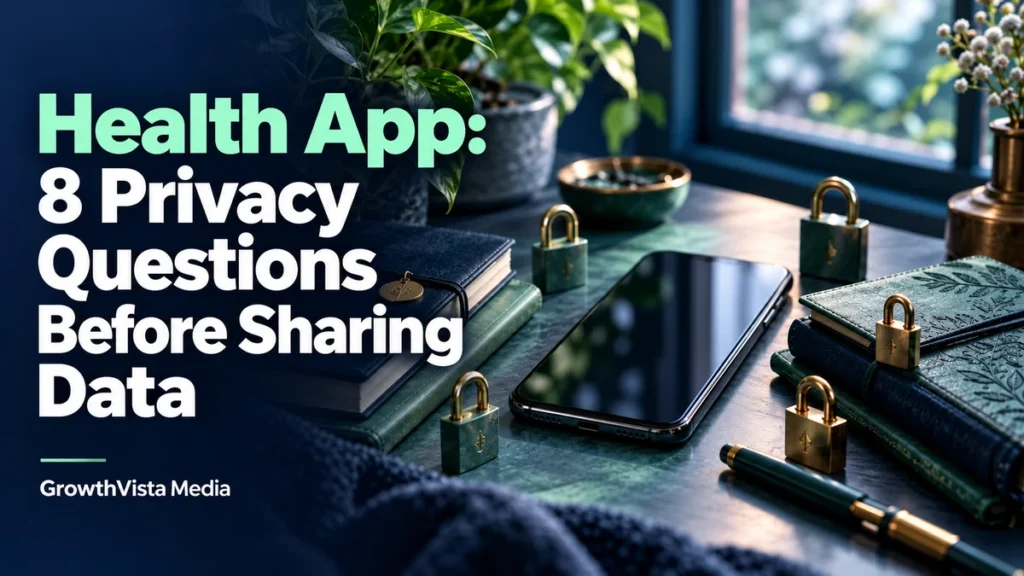 Health App: 8 Privacy Questions Before Sharing Data: title over an editorial scene