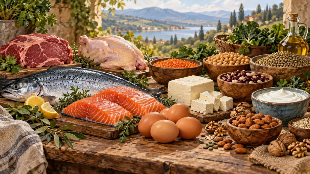 Hand-painted illustration of varied plant and animal protein foods on a market table, no labels
