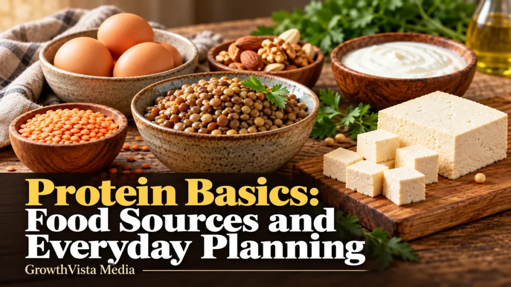Protein Basics: Food Sources and Everyday Planning: title over an editorial scene