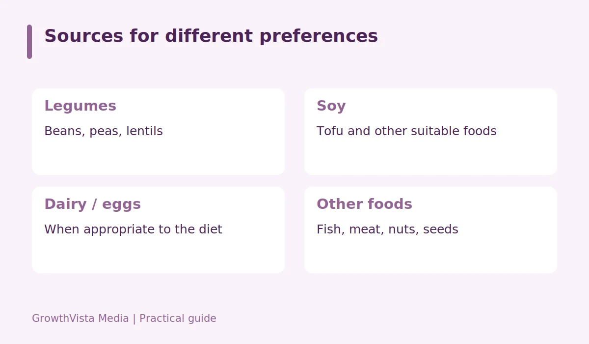 Sources for different preferences: Legumes: Beans, peas, lentils; Soy: Tofu and other suitable foods; Dairy / eggs: When appropriate to the diet; Other foods: Fish, meat, nuts, seeds