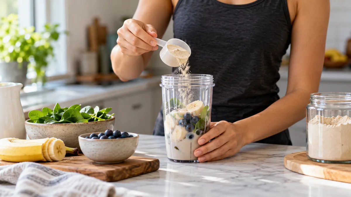 Photo of person adding a measured powder serving to a simple smoothie, no brands or athletic claims