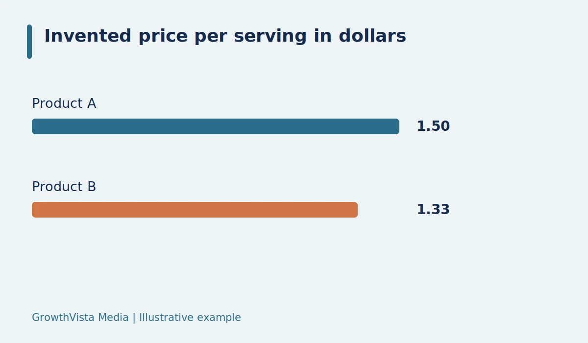 Invented price per serving in dollars: Product A: 1.5; Product B: 1.33