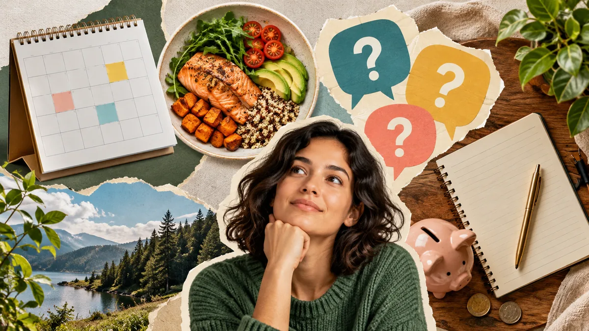 Collage illustration of calendar, food plate, budget notebook and question bubble shapes, no text