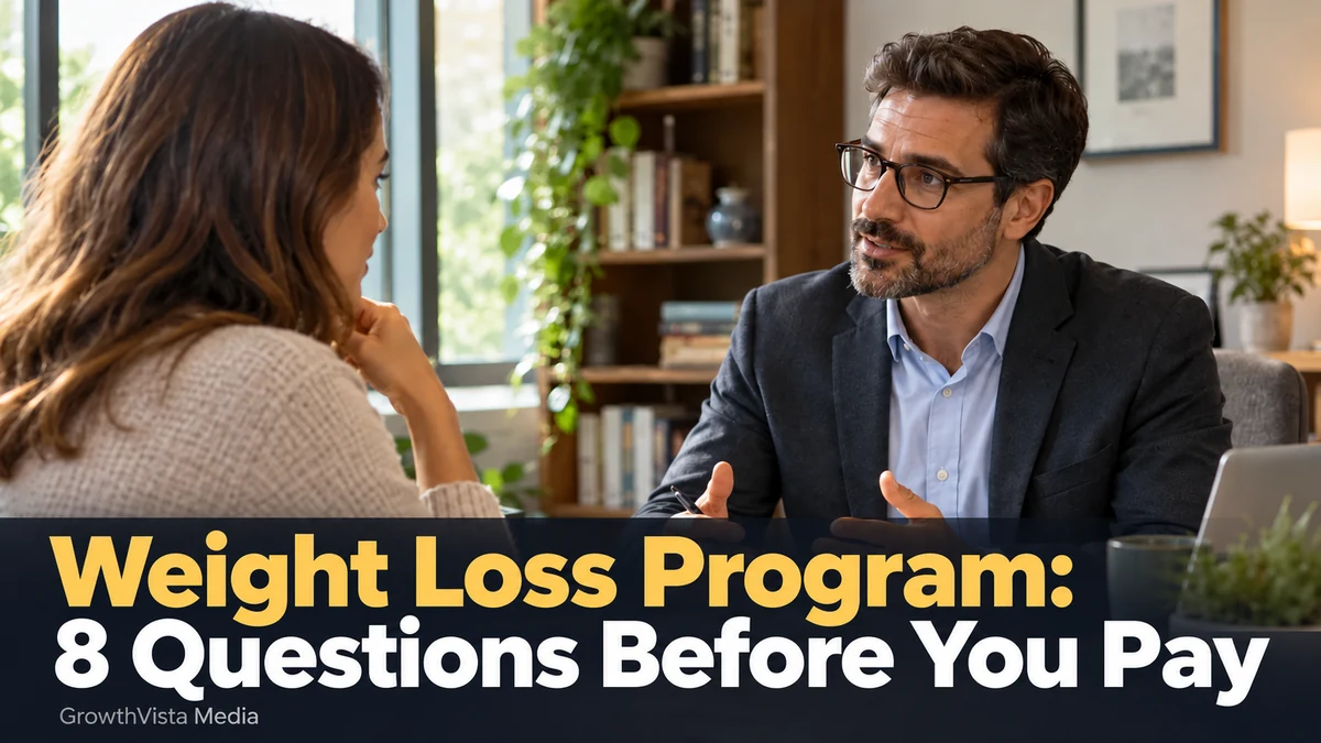 Weight Loss Program: 8 Questions Before You Pay: title over an editorial scene