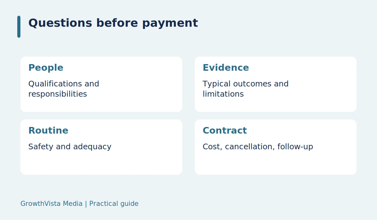 Questions before payment: People: Qualifications and responsibilities; Evidence: Typical outcomes and limitations; Routine: Safety and adequacy; Contract: Cost, cancellation, follow-up