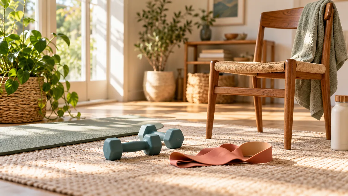 Editorial illustration of unbranded resistance band, light weights and sturdy chair, textured cream