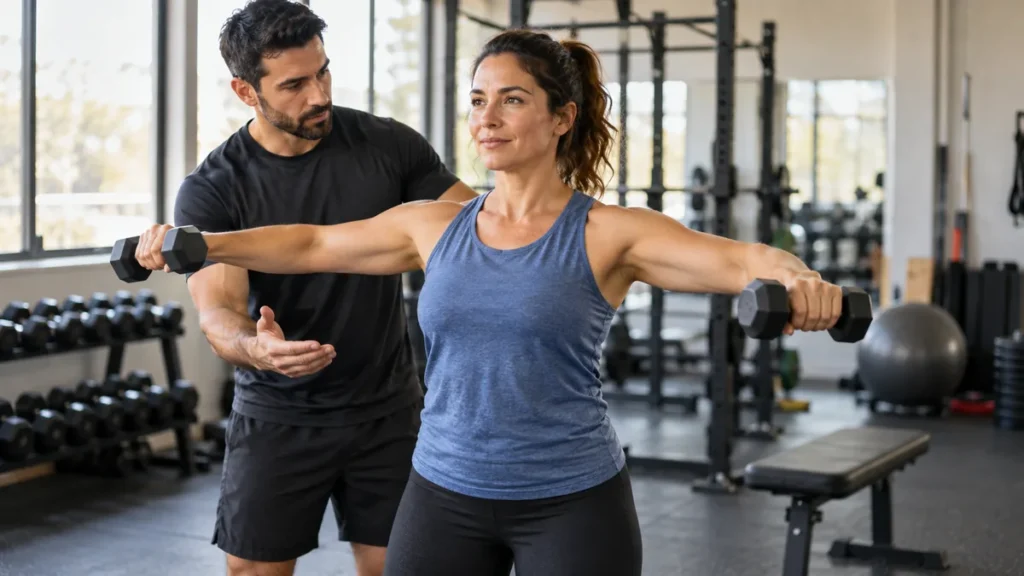 strength training for beginners: Documentary gym photo of adult learning a light dumbbell movement with coach, realistic body proportions