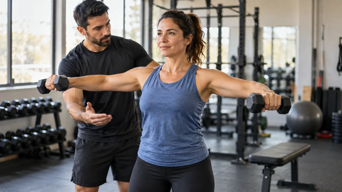strength training for beginners: Documentary gym photo of adult learning a light dumbbell movement with coach, realistic body proportions