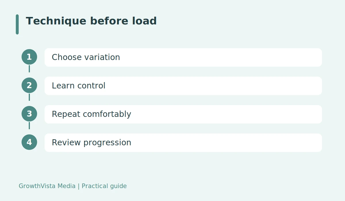 Technique before load: Choose variation → Learn control → Repeat comfortably → Review progression